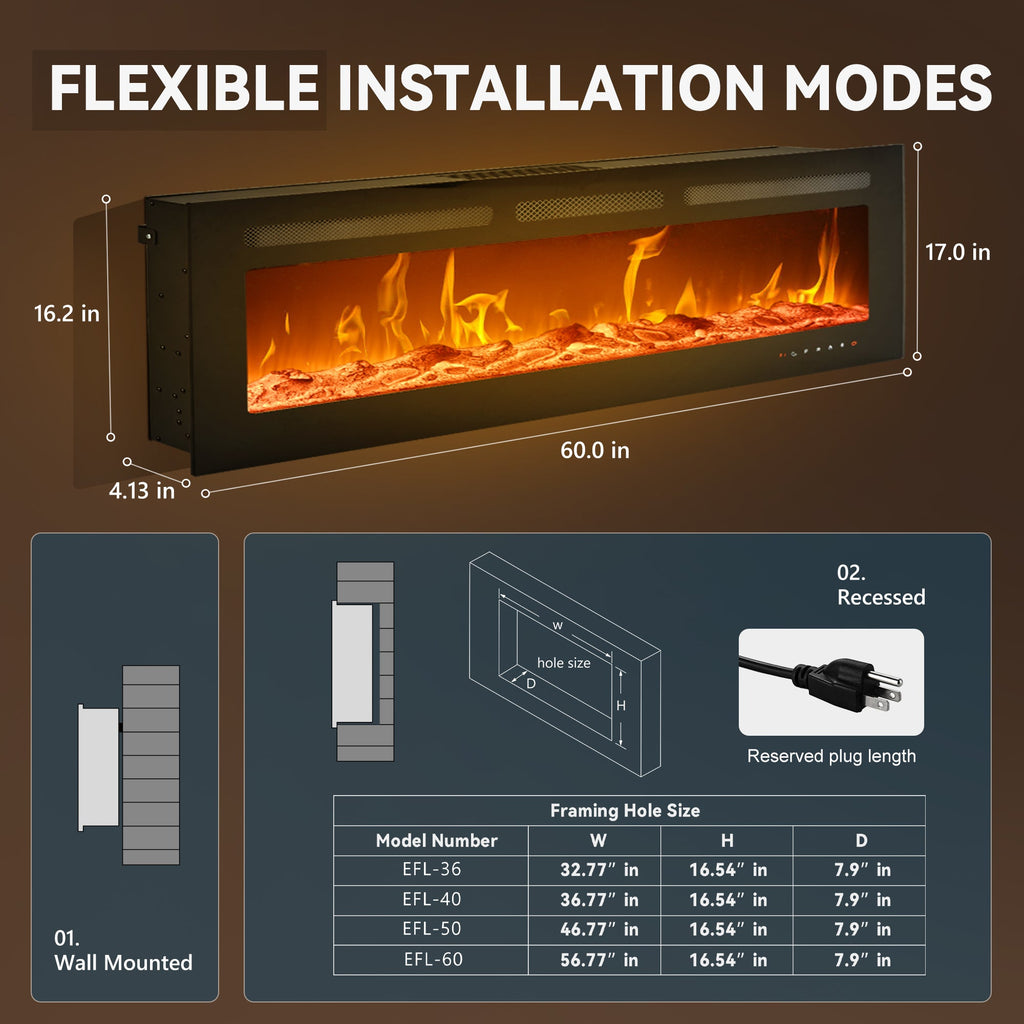 Simzlife 60 Inch Electric Fireplace Wall Recessed and Wall Mounted with Adjustable Flame Color, Fireplace Heater with Remote Control, Linear Fireplace with Timer, Touch Screen, Log & Crystal, 750/1500W