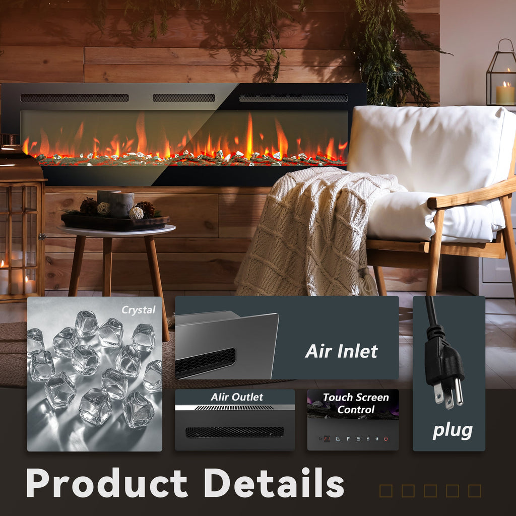 Simzlife 60 inch Electric Fireplace Recessed Wall Mounted Freestanding with Remote Control, Ultra-thin Fireplace Heater with Adjustable Flame Color, Linear Fireplace with Timer, Log & Crystal, 750/1500W
