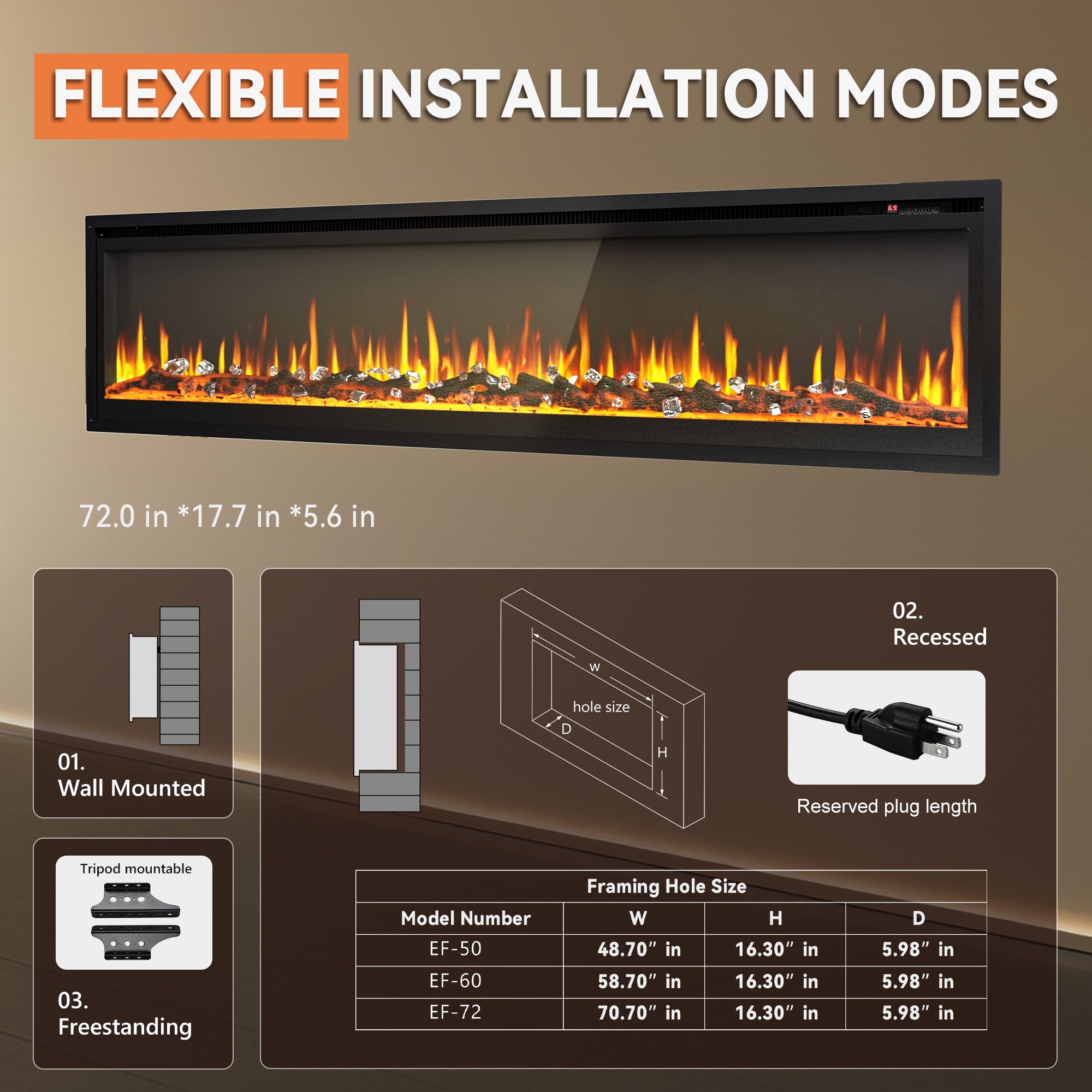 Simzlife 72 inch Electric Fireplace Recessed Wall Mounted Freestanding with Remote Control, Ultra-thin Fireplace Heater with Adjustable Flame Color, Linear Fireplace with Timer, Log & Crystal, 750/1500W