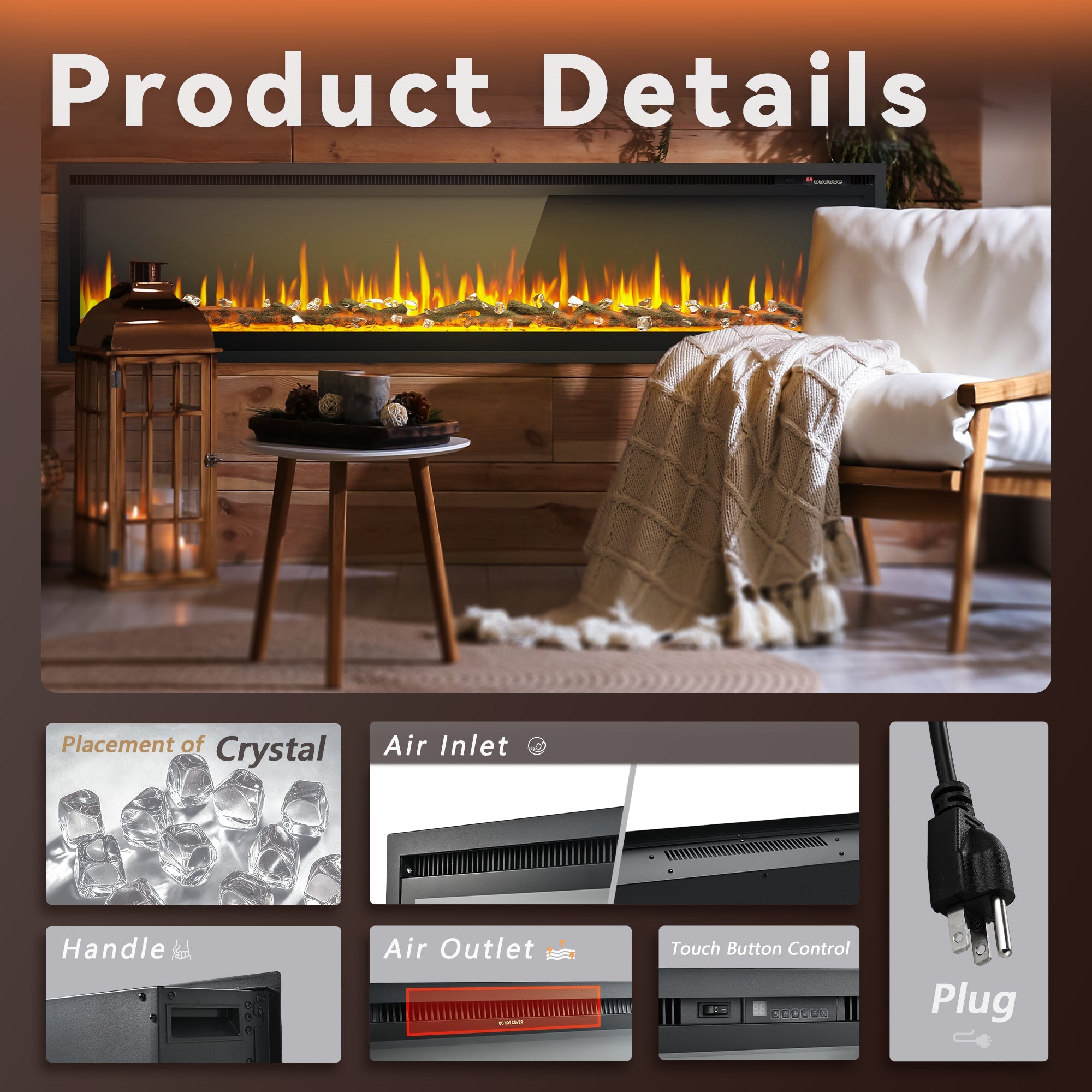 Simzlife 72 inch Electric Fireplace Recessed Wall Mounted Freestanding with Remote Control, Ultra-thin Fireplace Heater with Adjustable Flame Color, Linear Fireplace with Timer, Log & Crystal, 750/1500W