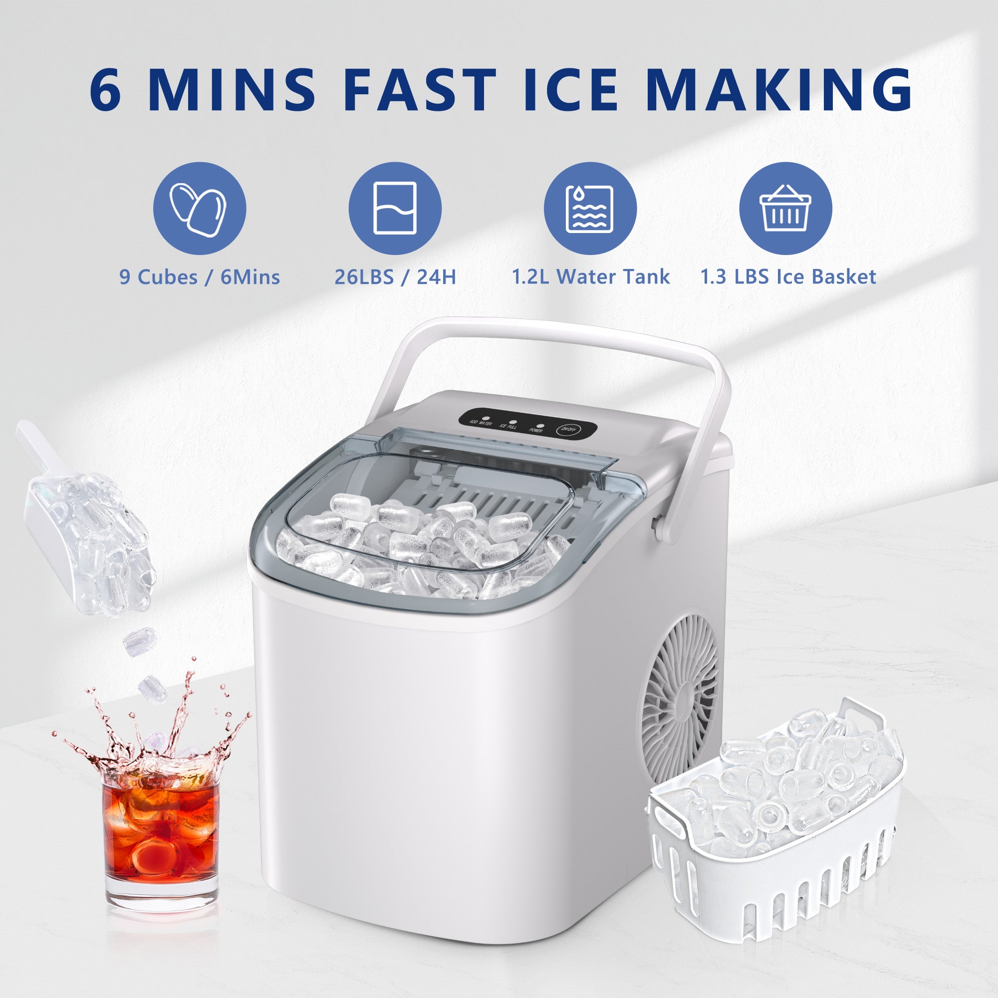 Simzlife Countertop Ice Maker Machine with Handle, 26lbs Per Day, 9 Ice Cubes Ready in 6 Mins, Auto-Cleaning Portable Ice Maker with Basket and Scoop, for Home/Kitchen/Camping/RV