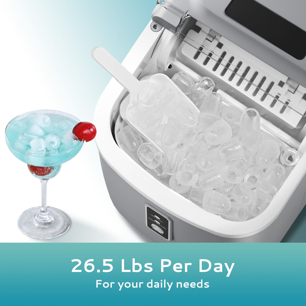 Simzlife Countertop Ice Maker with Handle,Portable Ice Machine with Basket and Scoop, 9 Bullet Ice In 6 Mins, 26Lbs/24H, Gray