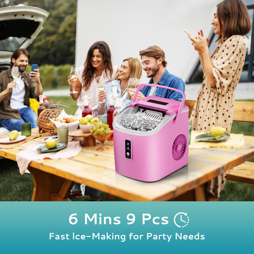 Simzlife Countertop Ice Maker with Handle,Portable Ice Machine with Basket and Scoop, 9 Bullet Ice In 6 Mins, 26Lbs/24H, Self-Cleaning