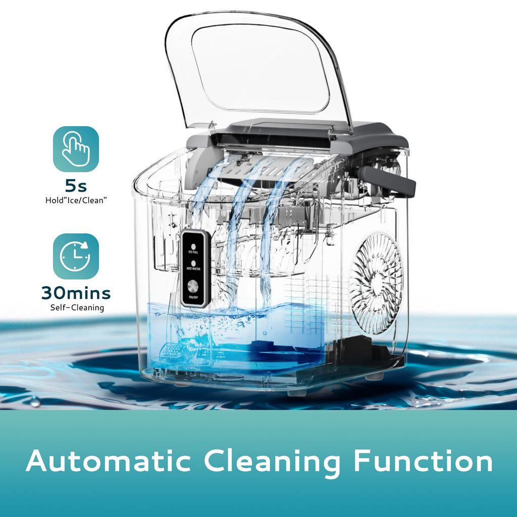 Simzlife Countertop Ice Maker with Handle,Portable Ice Machine with Basket and Scoop, 9 Bullet Ice In 6 Mins, 26Lbs/24H, Gray