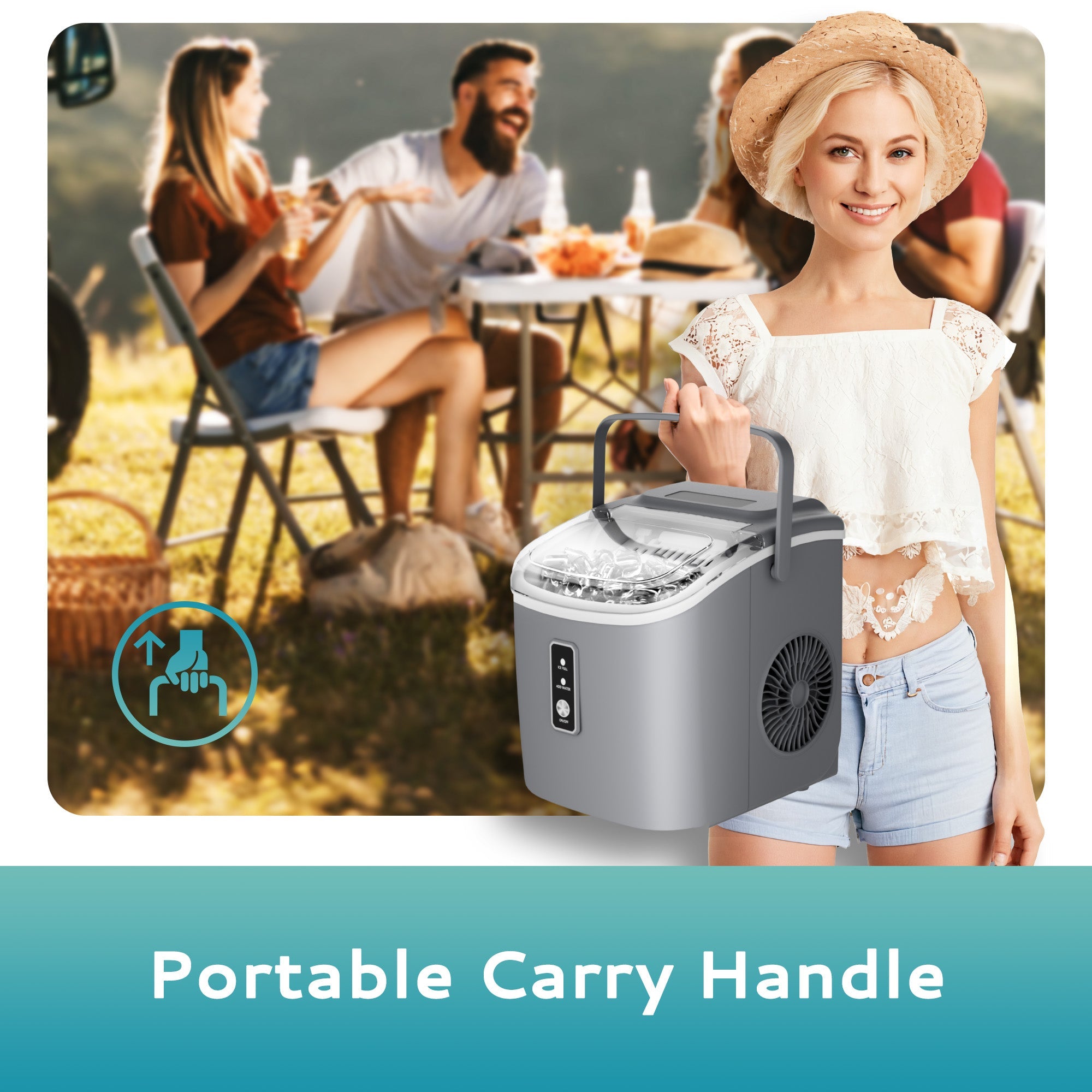 Simzlife Countertop Ice Maker with Handle,Portable Ice Machine with Basket and Scoop, 9 Bullet Ice In 6 Mins, 26Lbs/24H, Gray