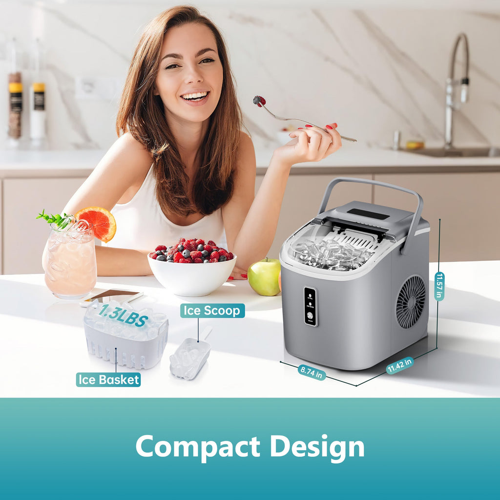 Simzlife Countertop Ice Maker with Handle,Portable Ice Machine with Basket and Scoop, 9 Bullet Ice In 6 Mins, 26Lbs/24H, Gray