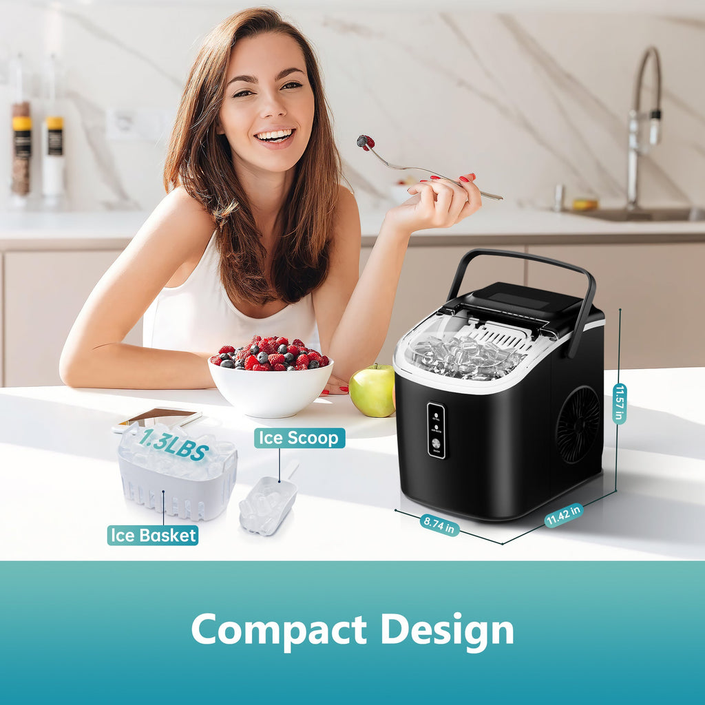 Simzlife Countertop Ice Maker with Handle,Portable Ice Machine with Basket and Scoop, 9 Bullet Ice In 6 Mins, 26Lbs/24H,Black