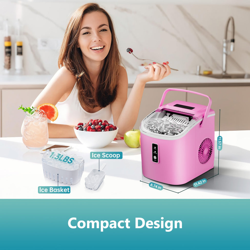 Simzlife Countertop Ice Maker with Handle,Portable Ice Machine with Basket and Scoop, 9 Bullet Ice In 6 Mins, 26Lbs/24H, Self-Cleaning