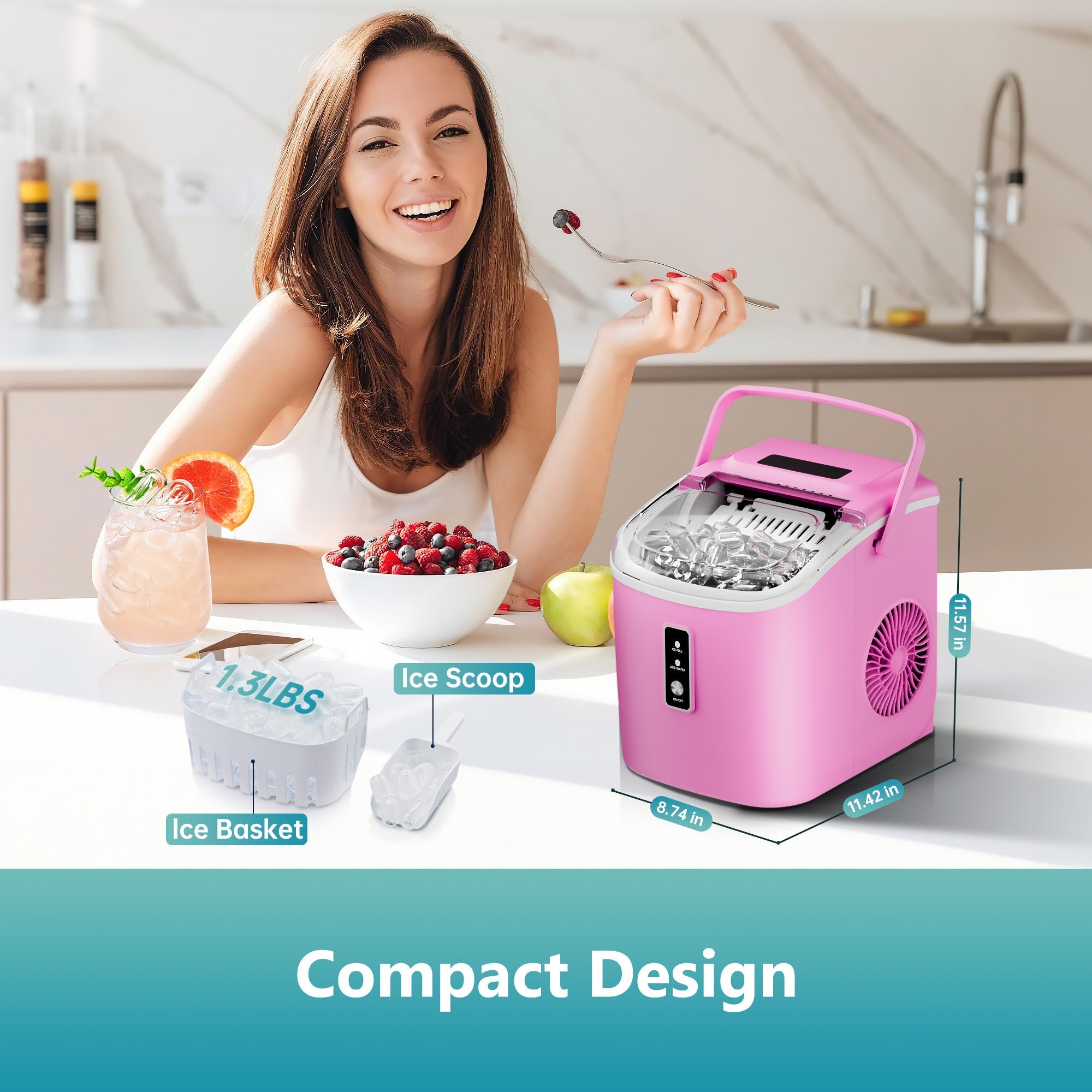 Simzlife Countertop Ice Maker with Handle,Portable Ice Machine with Basket and Scoop, 9 Bullet Ice In 6 Mins, 26Lbs/24H, Self-Cleaning