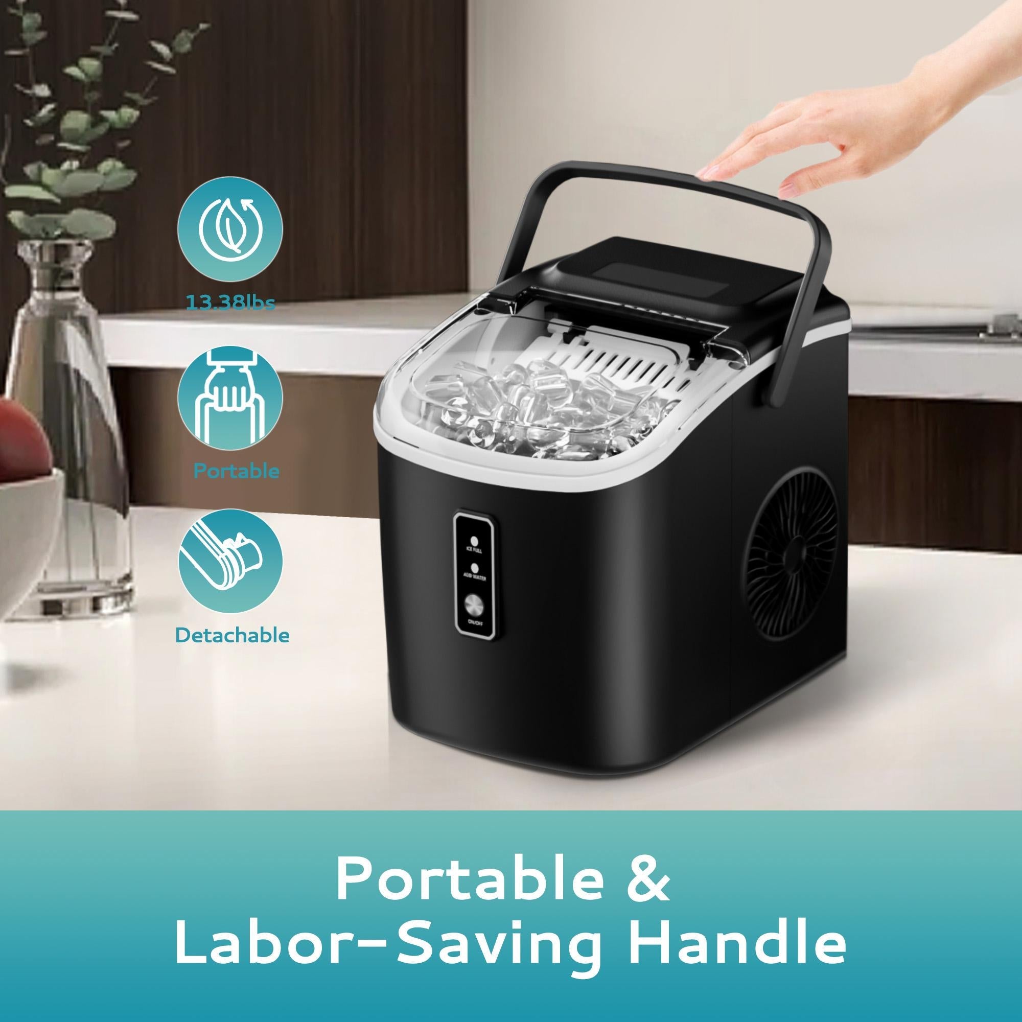 Simzlife Countertop Ice Maker with Handle,Portable Ice Machine with Basket and Scoop, 9 Bullet Ice In 6 Mins, 26Lbs/24H,Black