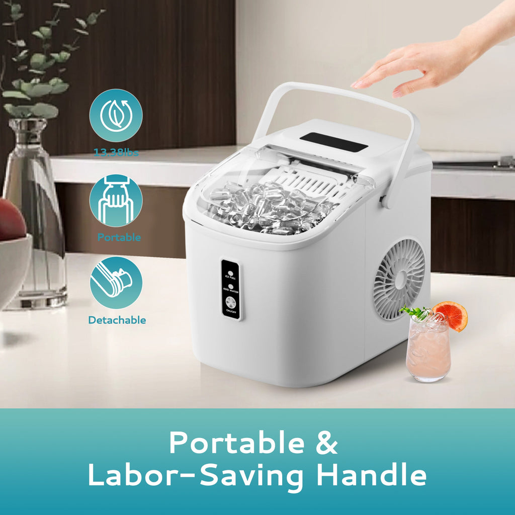 Simzlife Countertop Ice Maker with Handle,Portable Ice Machine with Basket and Scoop, 9 Bullet Ice In 6 Mins, 26Lbs/24H,White