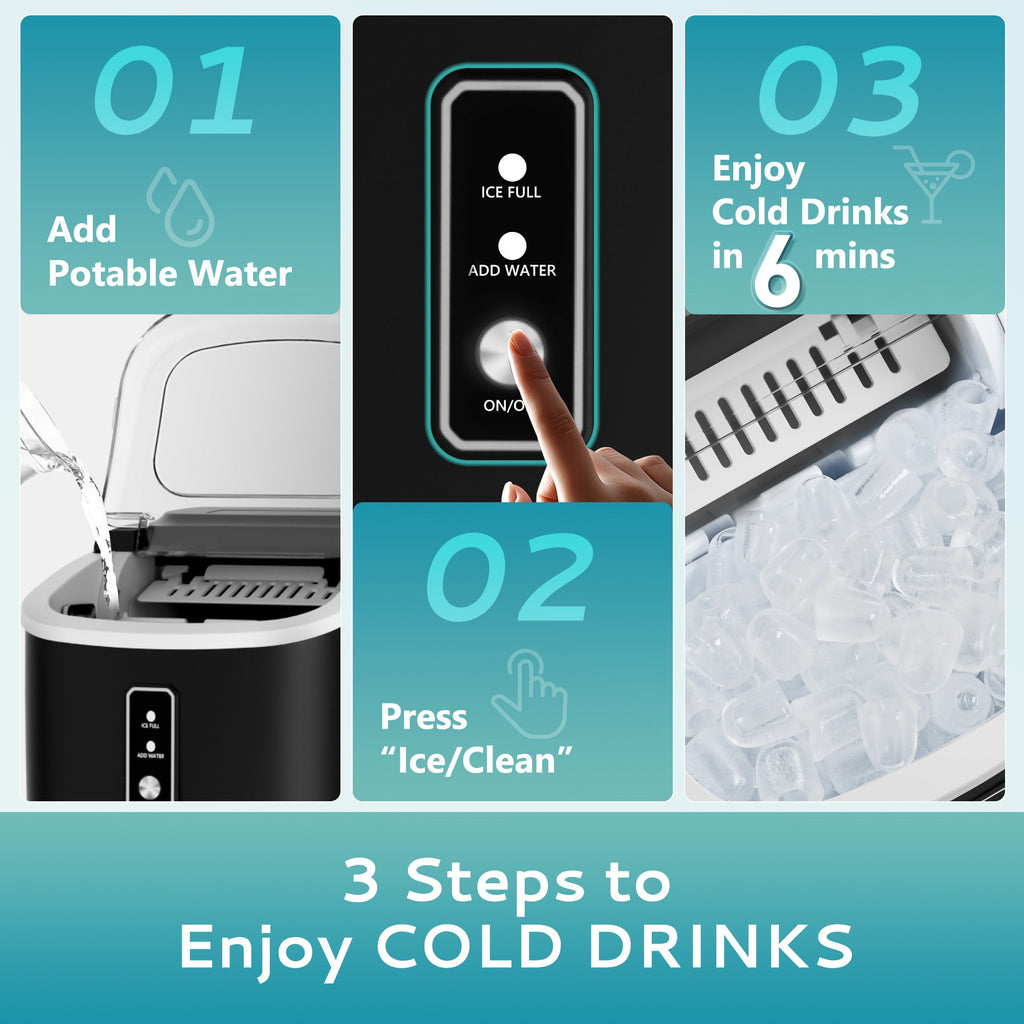 Simzlife Countertop Ice Maker with Handle,Portable Ice Machine with Basket and Scoop, 9 Bullet Ice In 6 Mins, 26Lbs/24H,Black