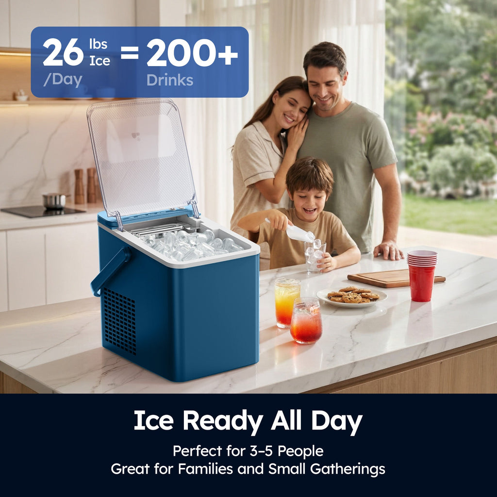 SIMZLIFE Countertop Ice Maker with Portable Handle, 26lbs/24H, 9 Cubes Ready in 6 Mins, Self-Cleaning, Compact Ice Machine with Basket & Scoop, Blue