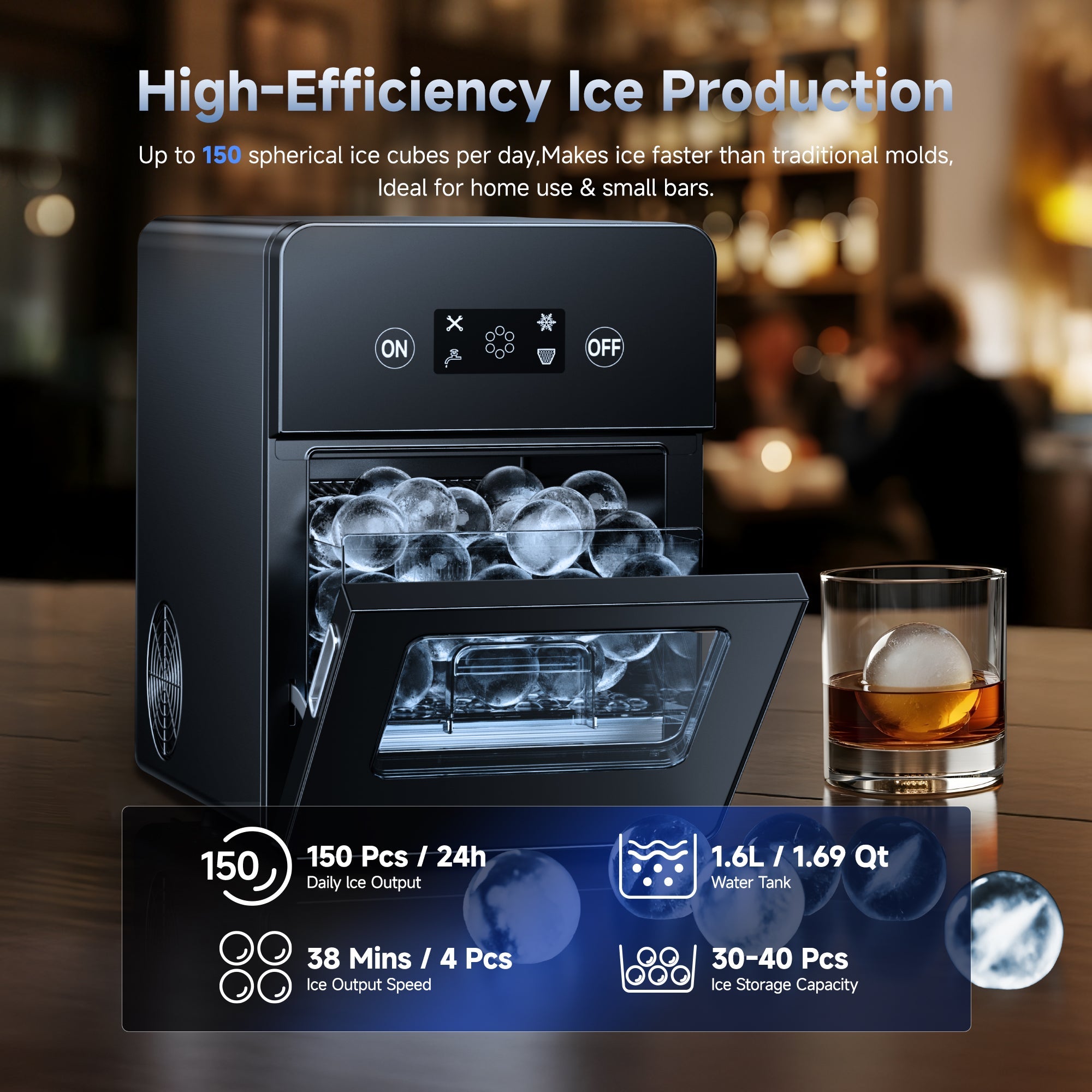 Simzlife Sphere Ice Maker,10 pcs/Hour, 150 pcs/Day,Clear Ice Ball Maker with Enhanced Insulation, with LCD Touch Screen, Self-Cleaning, Quiet Home and Bar Ice for Whiskey Bourbon Parties