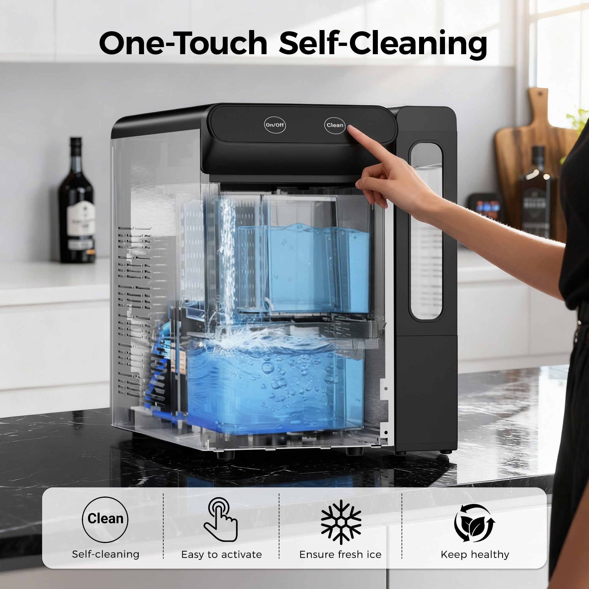 Simzlife Nugget Ice Maker with 4.3L Side Tank, Self- Cleaning Countertop Ice Machine, Soft Chewable Pellet Ice for Home/Kitchen/Party