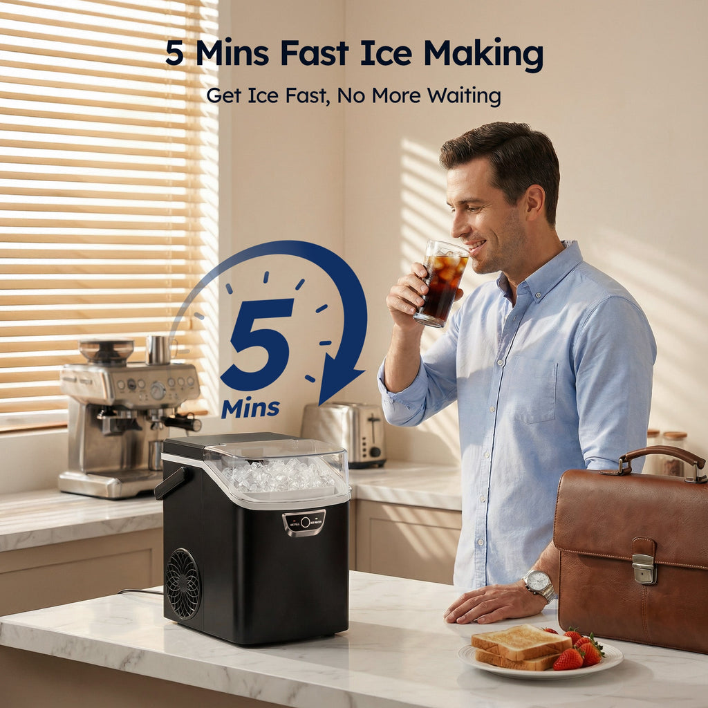 SIMZLIFE Countertop Nugget Ice Maker 33Lbs/24H, 5-Min Ice Cycle, Self-Cleaning, Portable Ice Machine with Basket & Scoop, Black