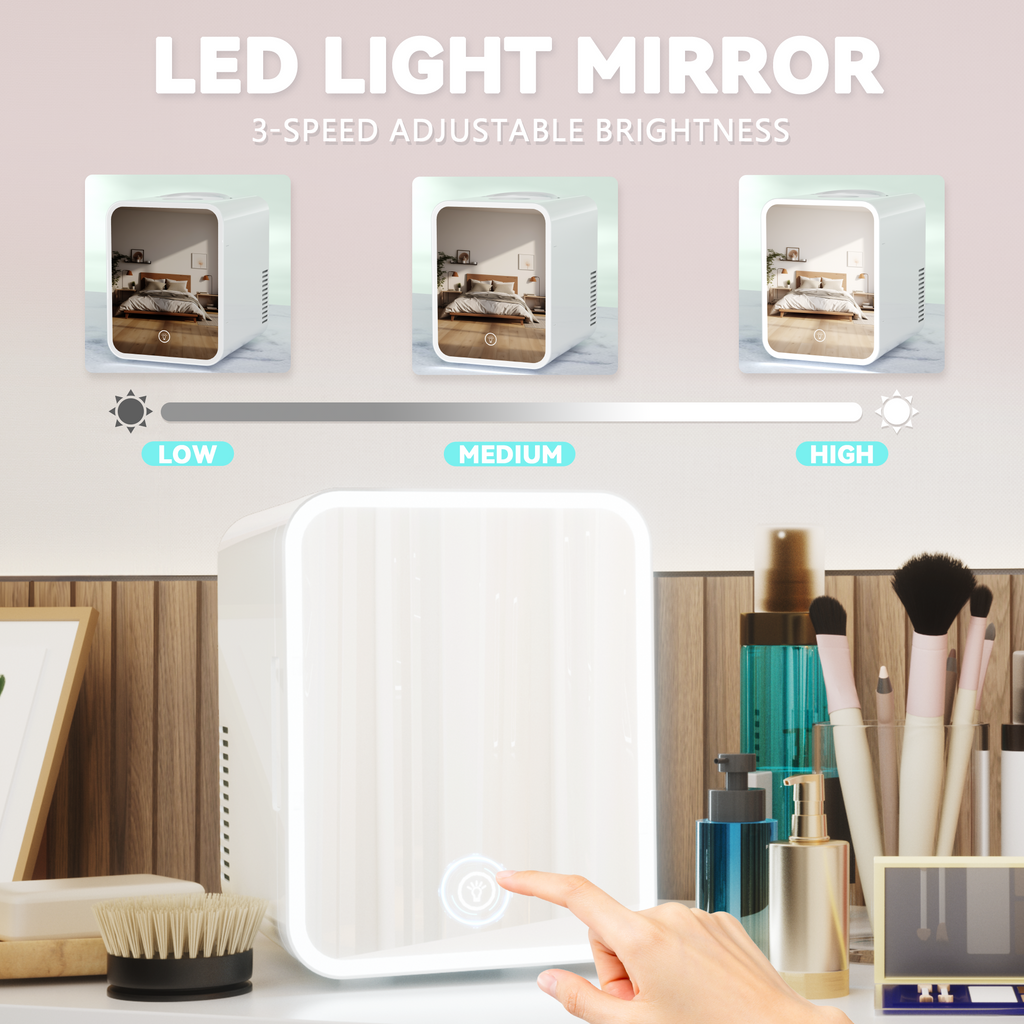Simzlife Mini Fridge, 5L AC/DC Small Refrigerator with Dimmable LED Mirror, Portable Cooler and Warmer for Skin Care, Cosmetics, Beverage, 5L Makeup Mini Skincare Fridge for Bedroom, Car, Office, White