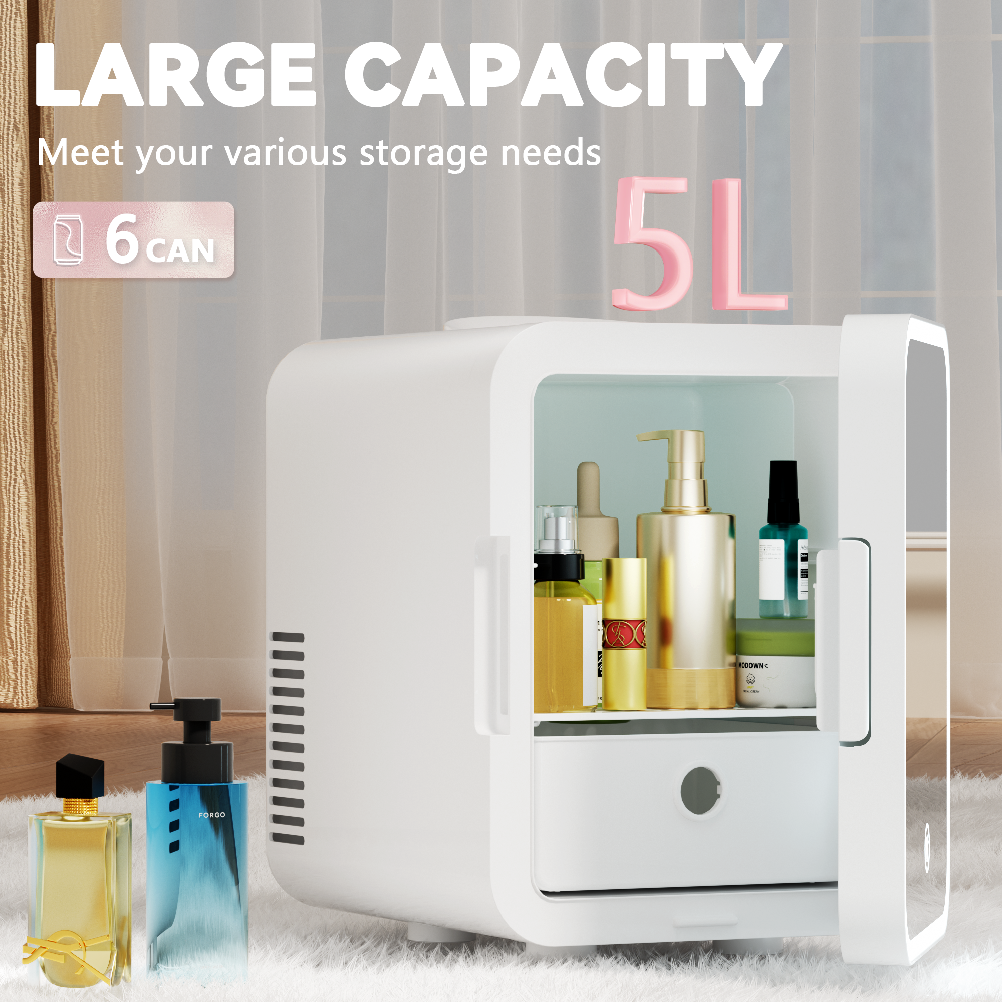 Simzlife Mini Fridge, 5L AC/DC Small Refrigerator with Dimmable LED Mirror, Portable Cooler and Warmer for Skin Care, Cosmetics, Beverage, 5L Makeup Mini Skincare Fridge for Bedroom, Car, Office, White