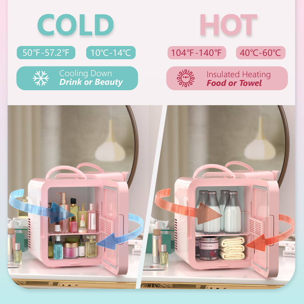 Simzlife Mini Fridge, 5L AC/DC Small Refrigerator with Dimmable LED Mirror, Portable Cooler and Warmer for Skin Care, Cosmetics, Beverage, 5L Makeup Mini Skincare Fridge for Bedroom, Car, Office, Pink
