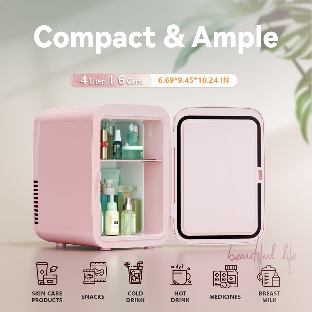 Simzlife Mini Fridge, 4 Liter/6 Cans AC/DC Small Refrigerator for Skincare, Portable Cooler and Warmer for Skin Care, Cosmetics, Beverage, 4L Makeup Mini Fridge for Bedroom, Car, Office, Dorm, Pink
