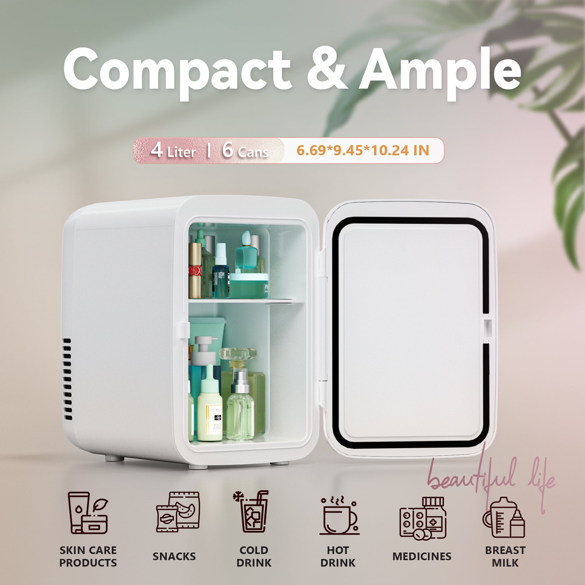 Simzlife Mini Fridge, 4 Liter/6 Cans AC/DC Small Refrigerator for Skincare, Portable Cooler and Warmer for Skin Care, Cosmetics, Beverage, 4L Makeup Mini Fridge for Bedroom, Car, Office, Dorm, White