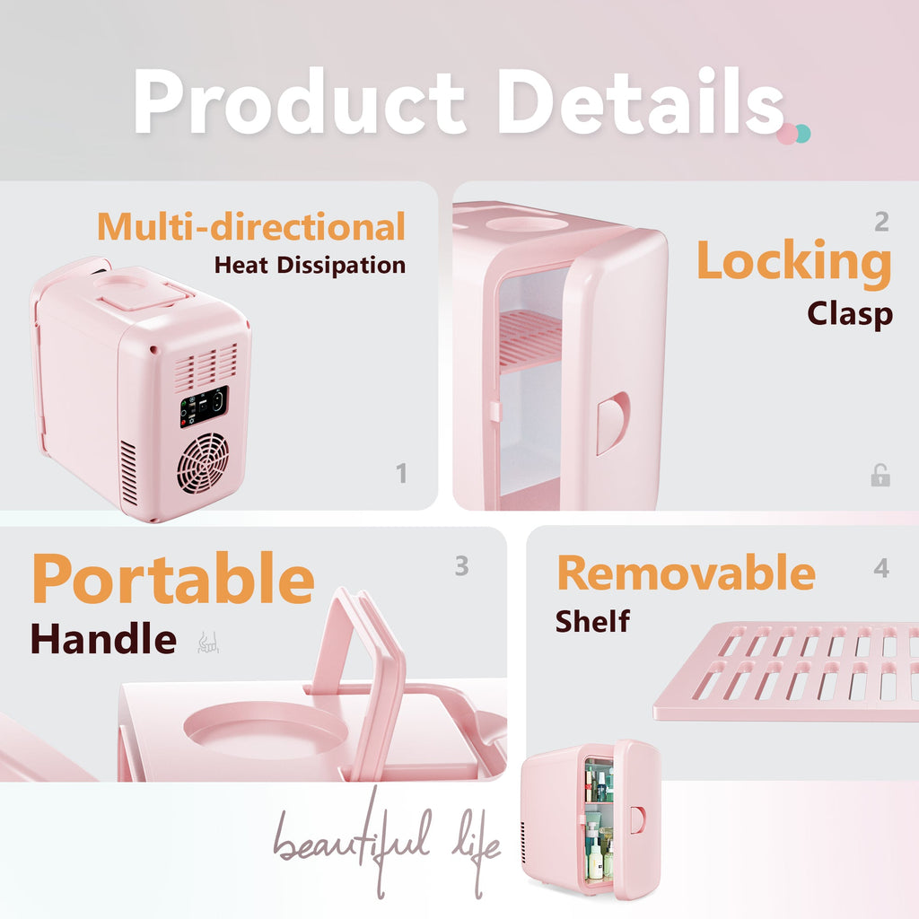 Simzlife Mini Fridge, 4 Liter/6 Cans AC/DC Small Refrigerator for Skincare, Portable Cooler and Warmer for Skin Care, Cosmetics, Beverage, 4L Makeup Mini Fridge for Bedroom, Car, Office, Dorm, Pink