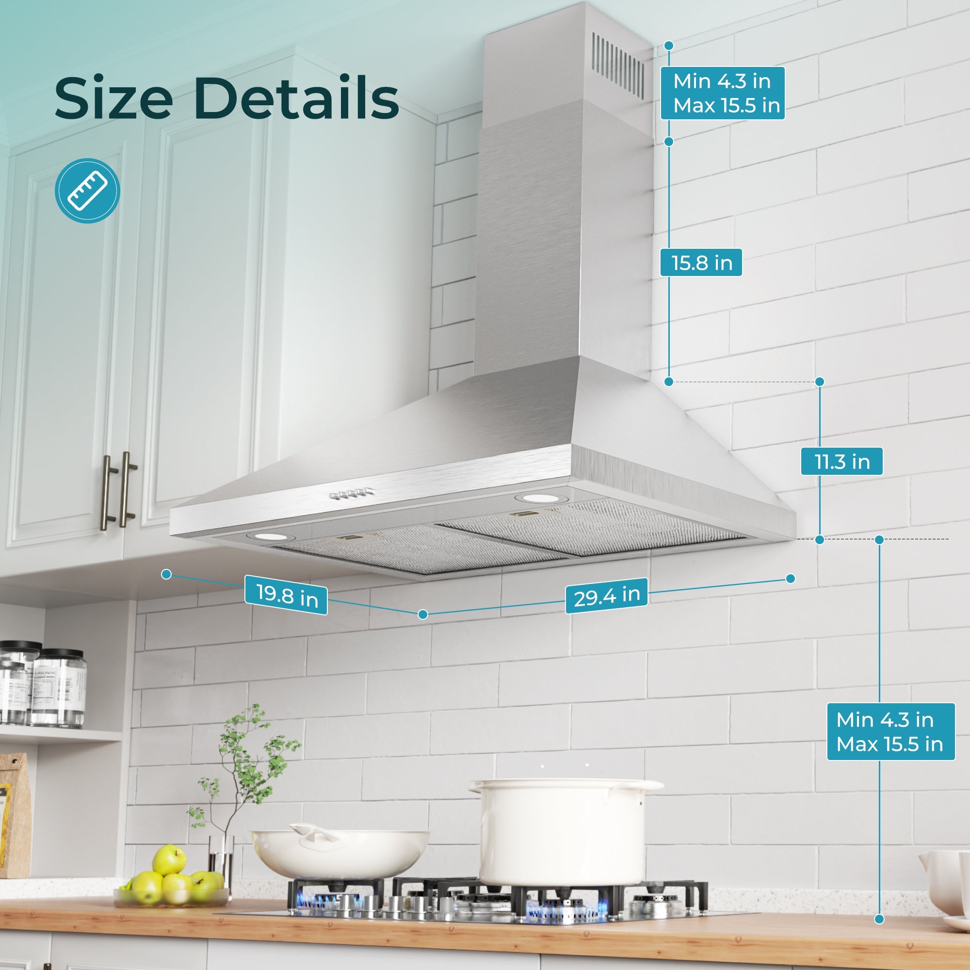 Simzlife Wall Mount Range Hood 30 inch, Range Hood 450 CFM, Vent Hood with 3 Speed Exhaust Fan and 2 2W LED Light, Button Controls, 2 Washable Filter, Stainless Steel