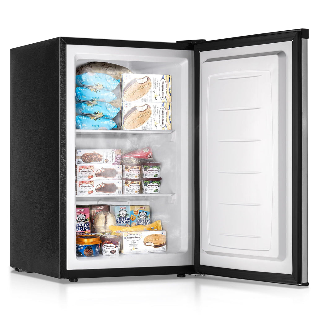 Simzlife 3.0 Cu.ft Upright freezer, Single Door Compact Design, Reversible Stainless Steel Door, Suitable for Home,Dorm,Apartment and Office,Silver