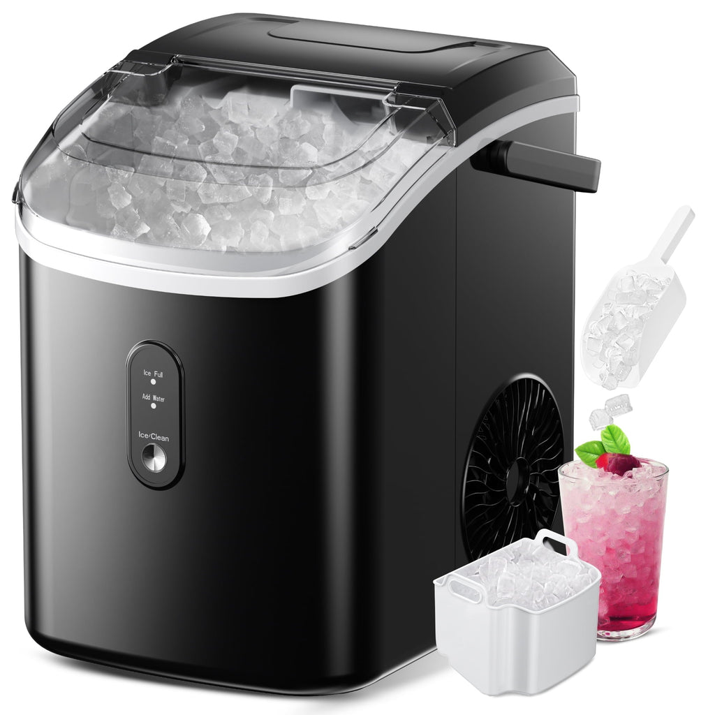 Simzlife Nugget Countertop Ice Maker with Soft Chewable Pellet Ice, Portable Ice Machine with Handle, Ready in 6 Mins, 33lbs Per Day, Self-Cleaning, for Home, Kitchen, Office, Black