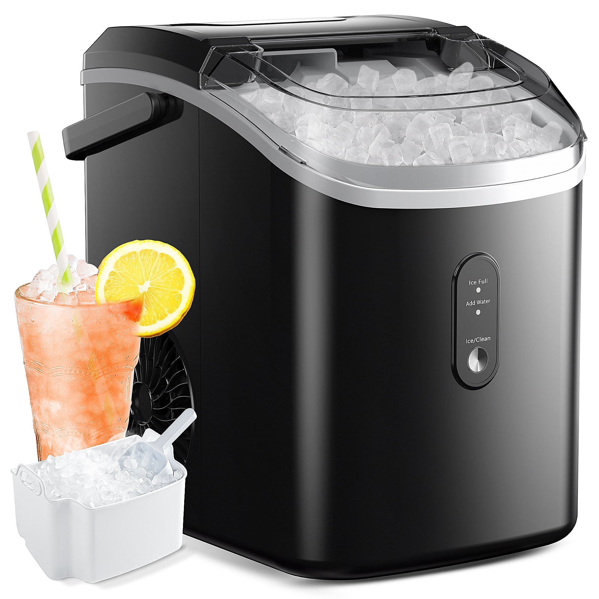 Simzlife Nugget Ice Maker Countertop, Portable Ice Maker Machine with Handle, Self-Cleaning, Ready in 6 Mins, 34lbs/24H, Soft Chewable Ice, Black