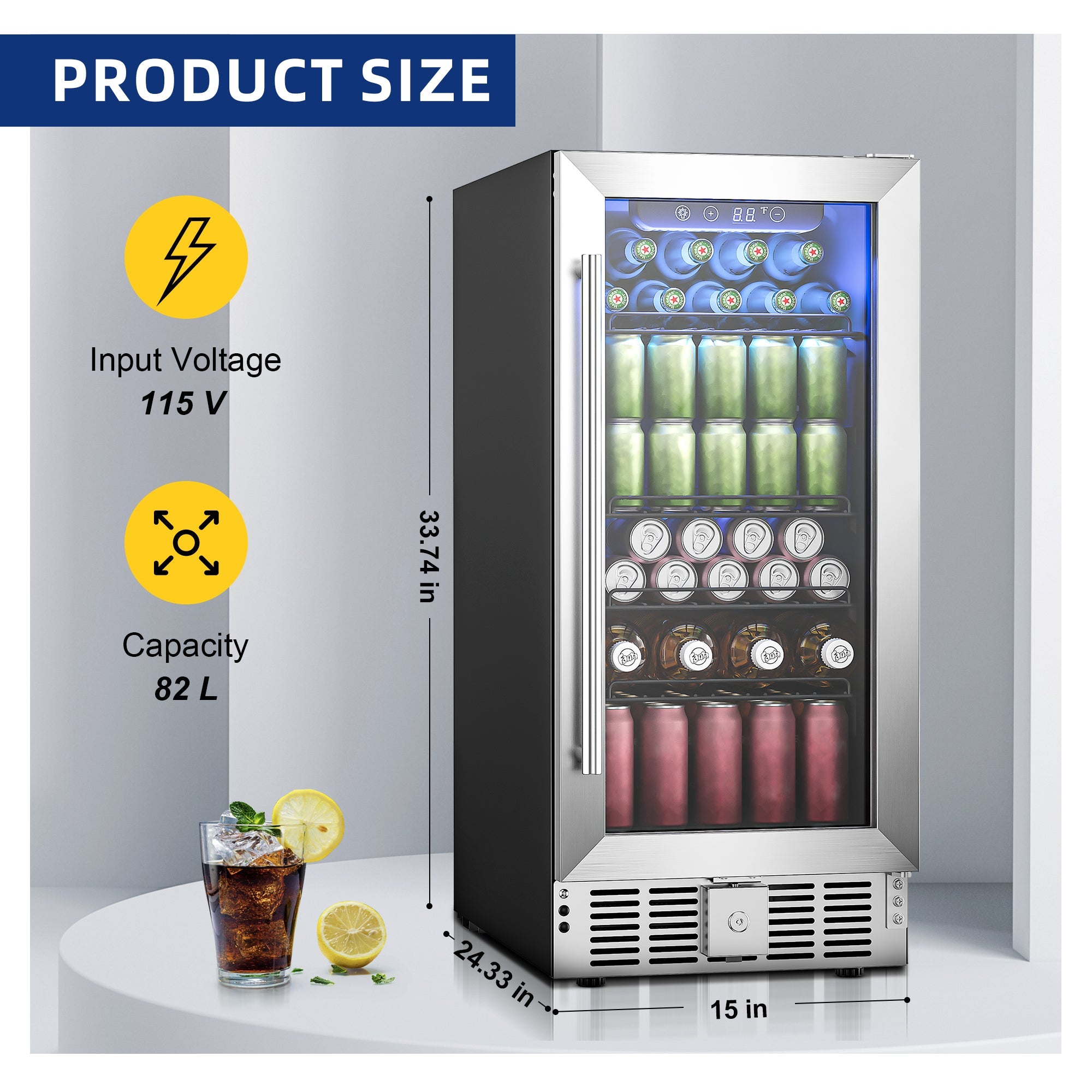Simzlife 15" Built-in Beverage Refrigerator, 130 Cans Beverage Cooler, Under Counter Beer Fridge for Soda, Water, Wine for Kitchen, Bar or Office