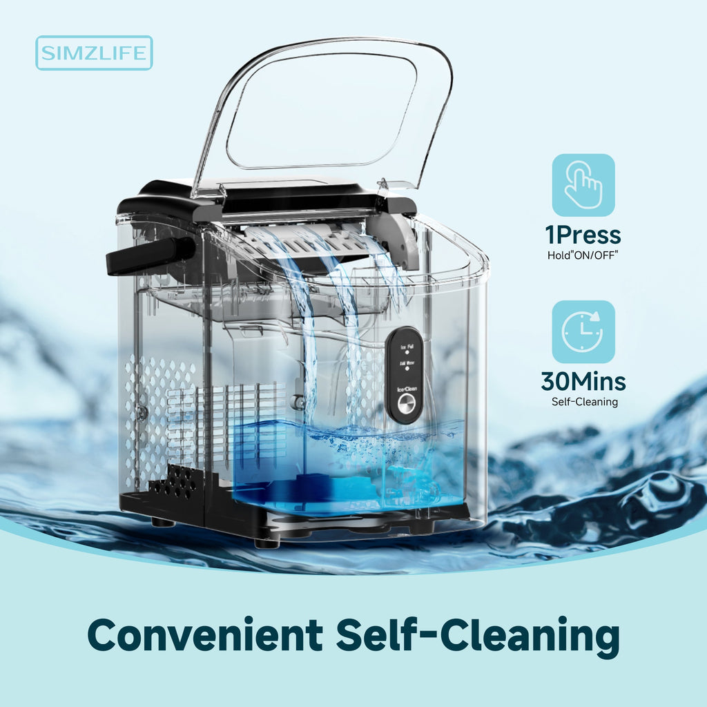 Simzlife Countertop Ice Maker Ice Machine With Handle,Self-Cleaning Ice Makers, 26Lbs/24H, 9 Ice Cubes Ready In 6 Mins For Home/Kitchen/Bar/Party/Camping