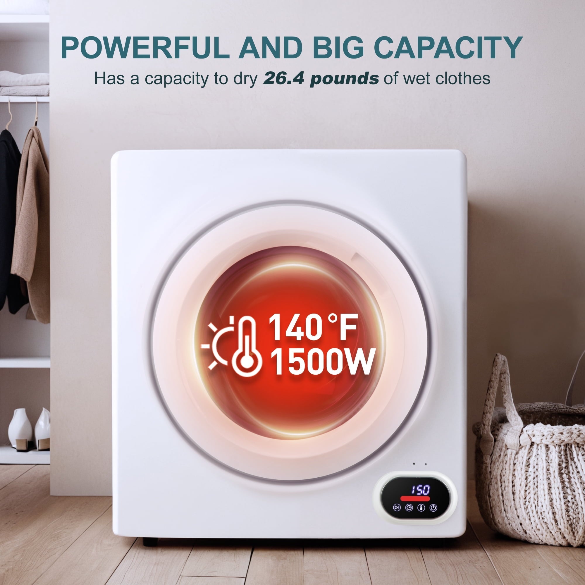 Simzlife 3.5 Cu.ft Portable Clothes Dryer, 1500W, LCD Control, Exhaust Duct, 22 in W, 26.5 in H