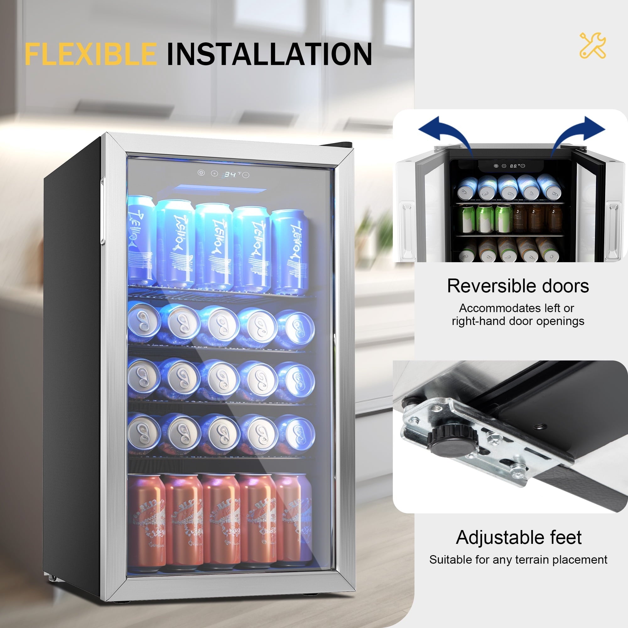 Simzlife 130 Can Beverage Refrigerator with Glass Door for Home, 17.3 in D, 31.3 in H
