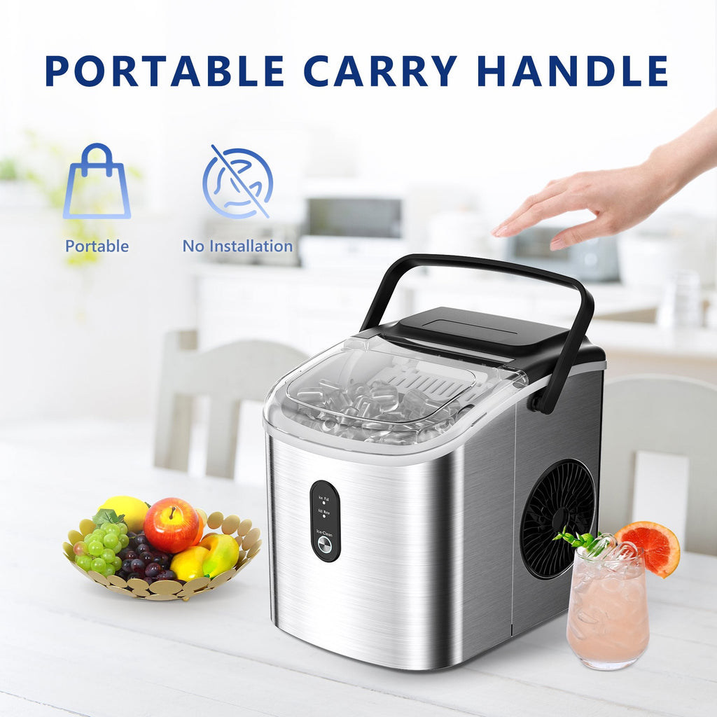Simzlife Countertop Ice Maker with Handle, 9 bullet ice in 6 Mins, 26Lbs/24H, Self-Cleaning, Portable Ice Maker with Basket and Scoop