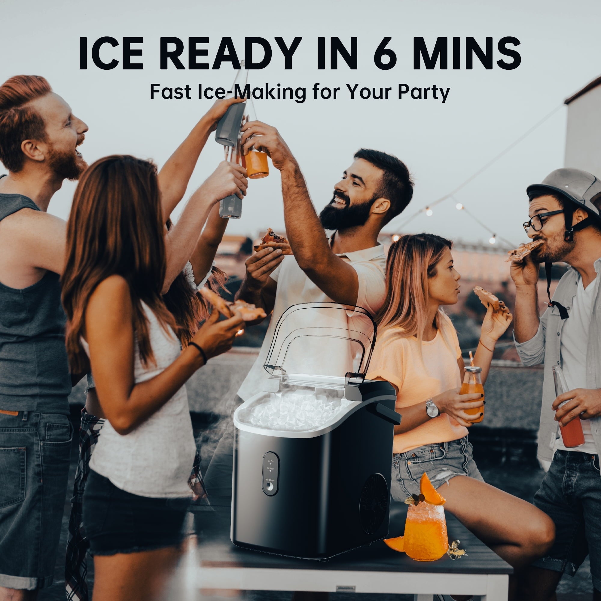 Simzlife Nugget Countertop Ice Maker with Soft Chewable Pellet Ice, Portable Ice Machine with Handle, Ready in 6 Mins, 33lbs Per Day, Self-Cleaning, for Home, Kitchen, Office, Black