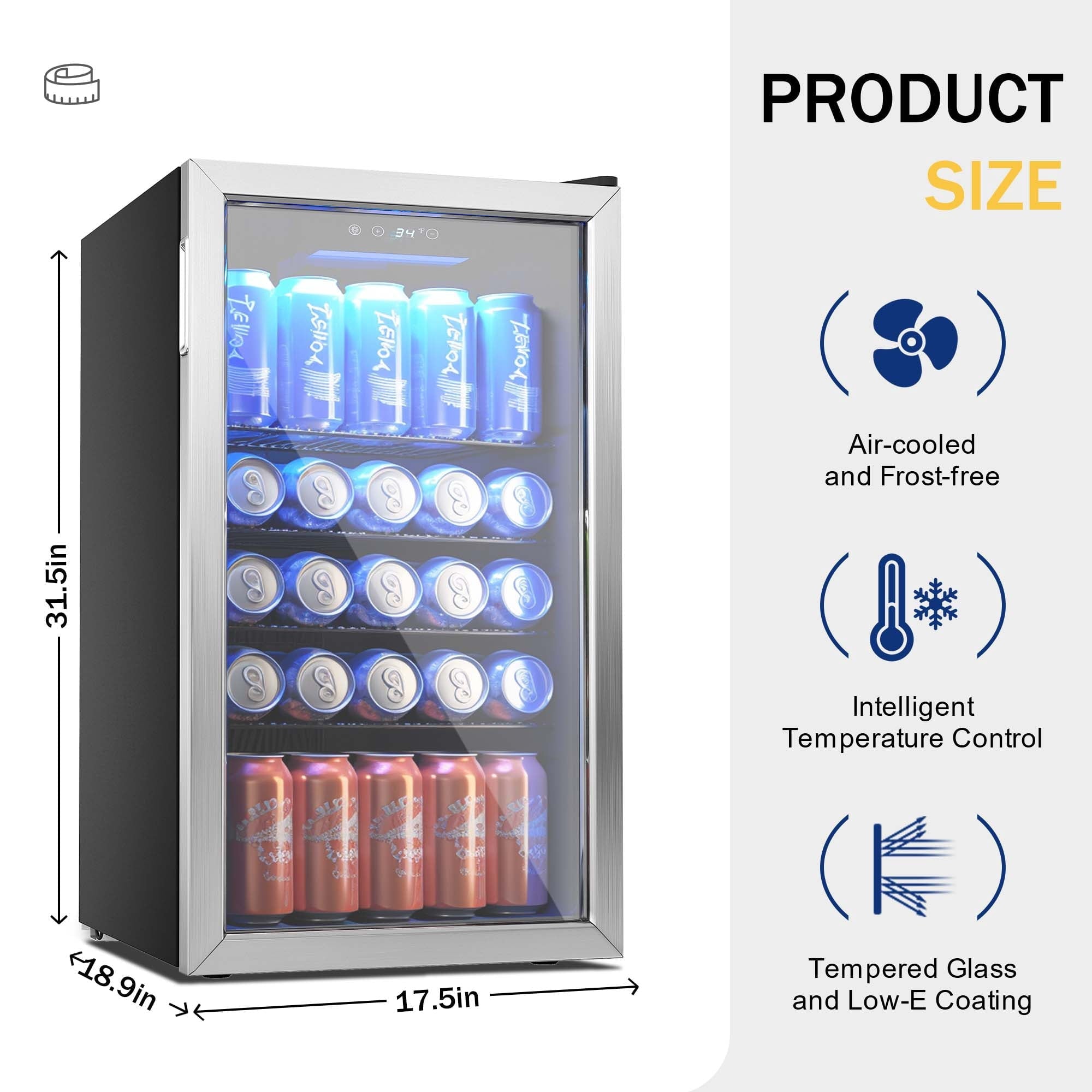 Simzlife 130 Can Beverage Refrigerator with Glass Door for Home, 17.3 in D, 31.3 in H