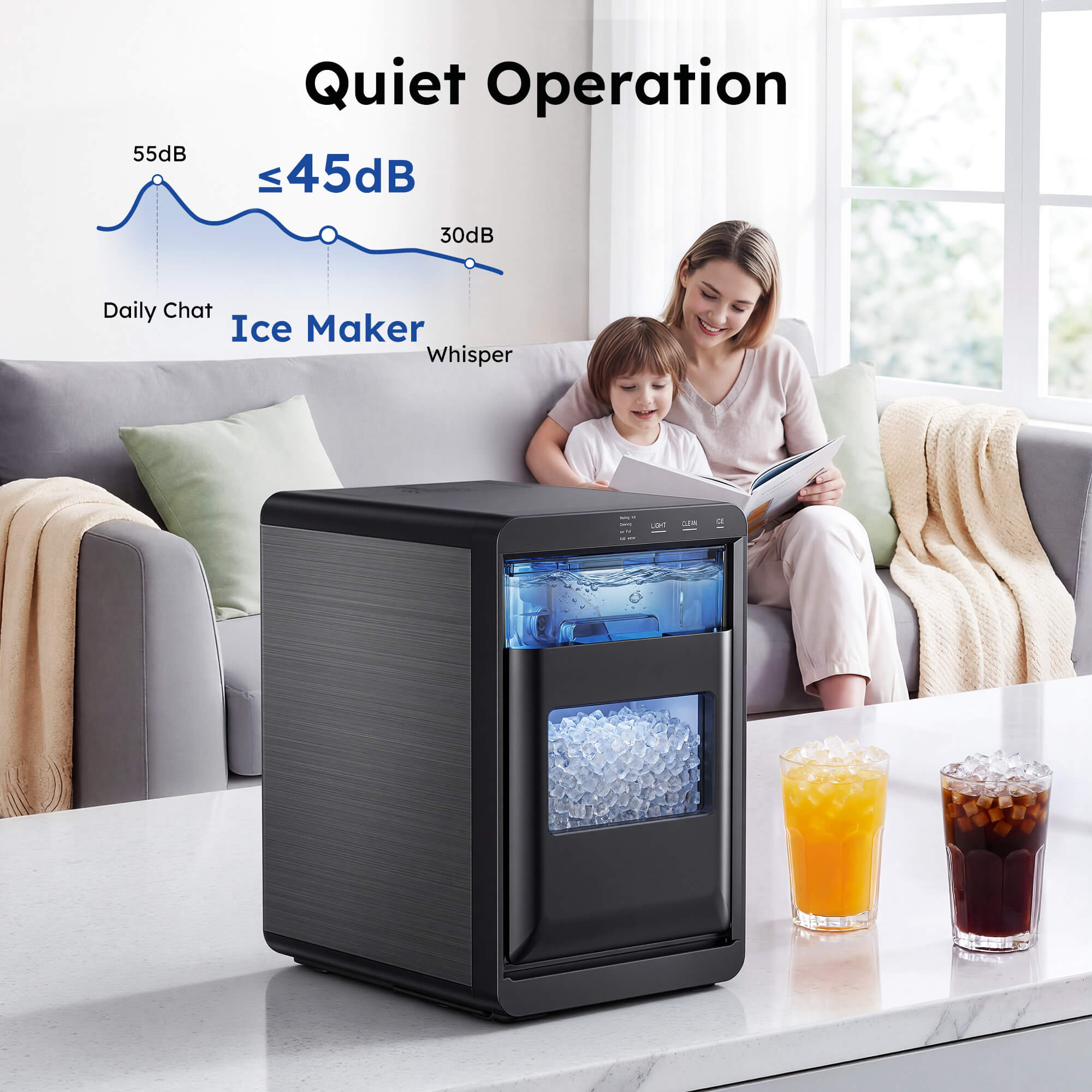 Simzlife Nugget Ice Maker Countertop, 44lbs/24H, Self-Cleaning, Chewable Crunchable Ice machine for Home/Kitchen/Party