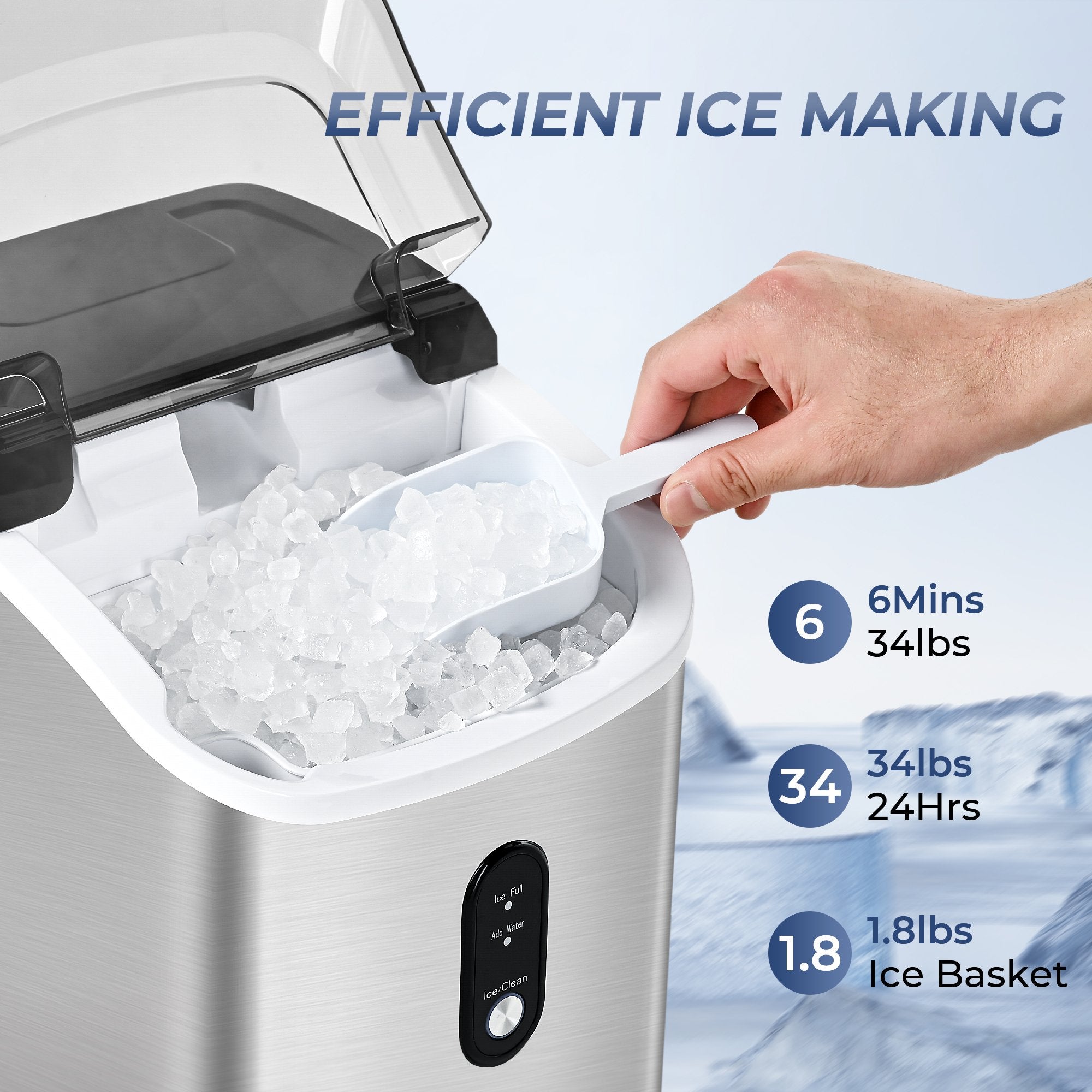 Simzlife Nugget Ice Maker Countertop with Soft Chewable Ice, 34lbs/24H, Ready in 6 Mins, Self-Cleaning, Pebble Portable Ice Machine for Home,Kitchen,Office, Silver