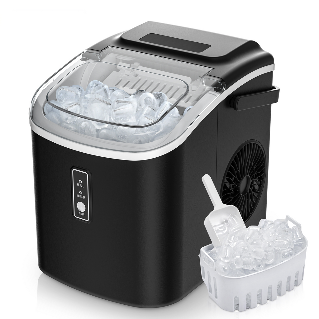 Simzlife Countertop Ice Maker with Handle,Portable Ice Machine with Basket and Scoop, 9 Bullet Ice In 6 Mins, 26Lbs/24H,Black